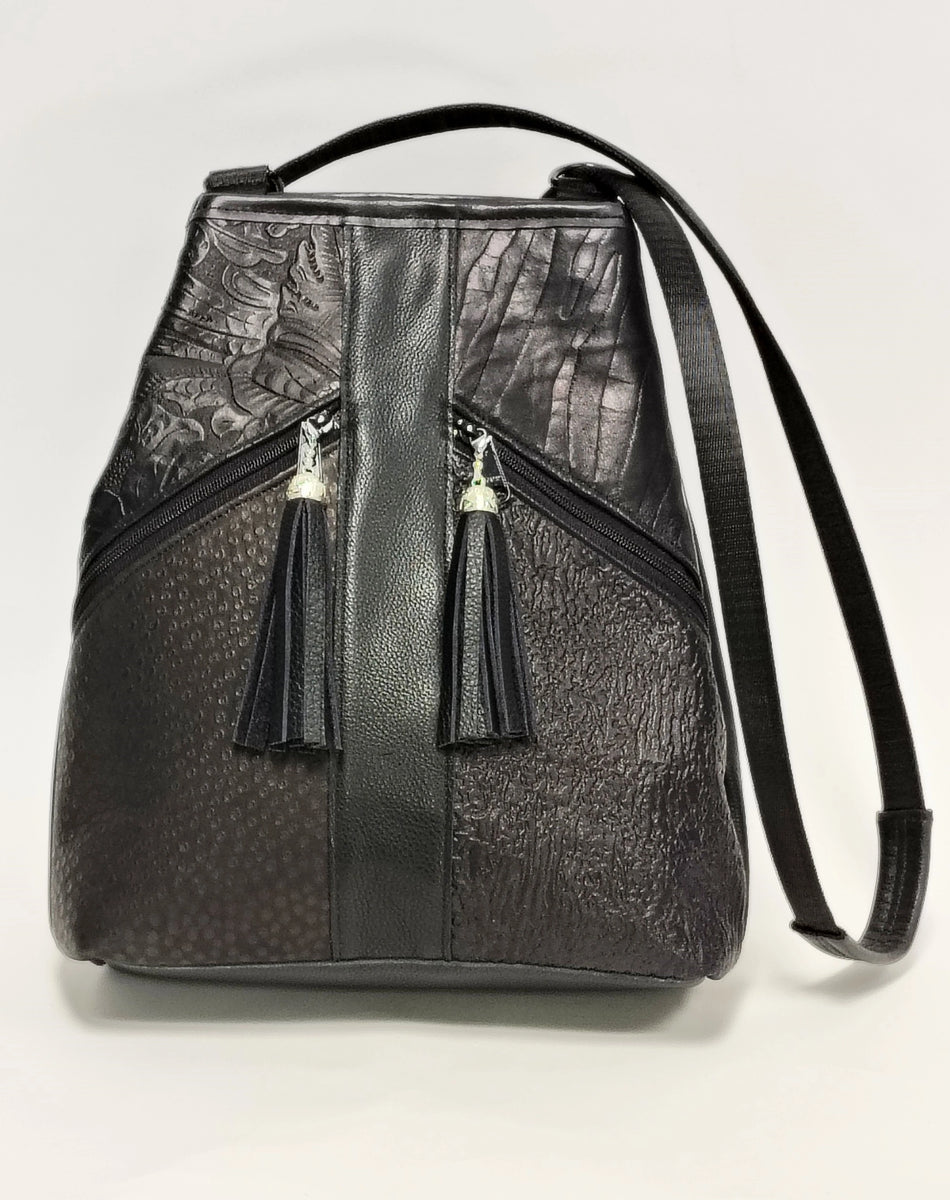 black leather backpack with metal Black Leather Patterns Metro Bagpack – Carogi Bags